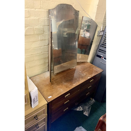 222 - MAHOGANY DRESSING TABLE WITH TRI-FOLD MIRROR - INLAID TOP - 2 LONG DRAWERS/2 SMALL DRAWERS - ON CAST... 