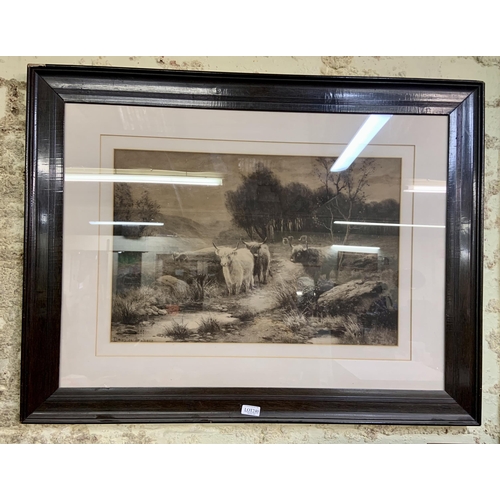 240 - LARGE FRAMED VICTORIAN PRINT OF CATTLE IN A STREAM BY DOUGLAS GRAHAM