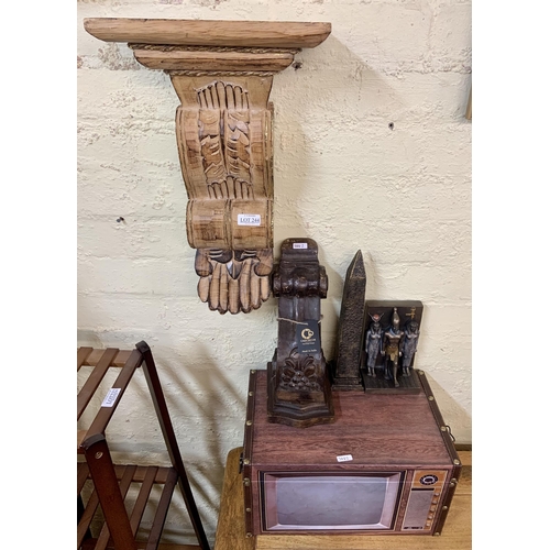 244 - EGYPTIAN THEME - 2 X WALL MOUNTED PEDESTALS, REPLICA OF CLEOPATRAS NEEDLE, EGYPTIAN STYLE BOOKEND, B... 