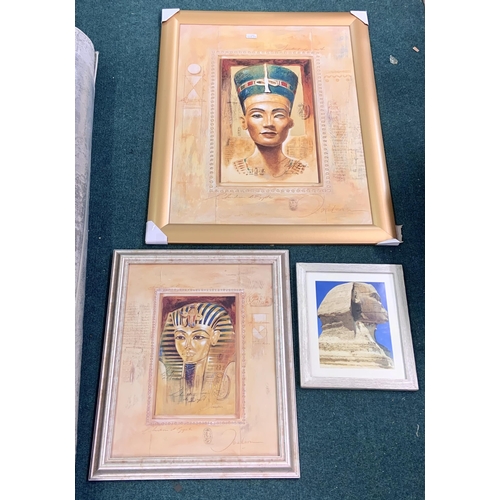 258 - 3 X FRAMED EGYPTIAN PICTURES - TUTANKHAMUN, SPHYNX AND NEFERTITI