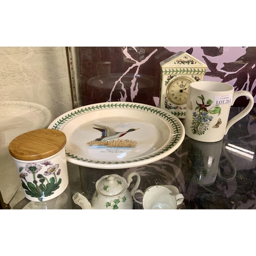 261 - PORTMEIRION BOTANIC GARDEN CLOCK, MUG, SPICE JAR AND MALLARD DUCK PLATE