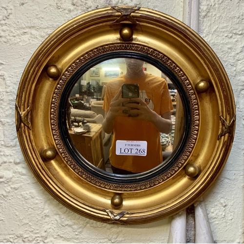 268 - A SMALL FRENCH EMPIRE STYLE CIRCULAR MIRROR - 25CM DIAMETER - MARKED TO REAR ENGLISH GOLD FRAME