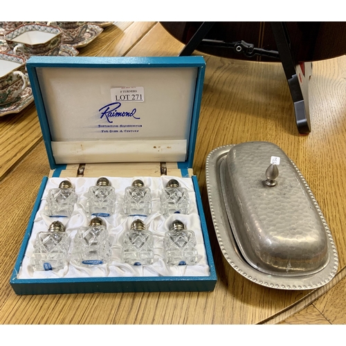 271 - A BOXED SET OF 8 RAIMOND JAPANESE PEPPER POTS IN ORIGINAL CASE TOGETHER WITH A ENGLISH PEWTER BUTTER... 