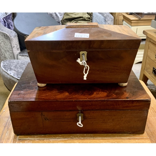 278 - 2 X ANTIQUE MAHOGANY BOXES WITH KEYS