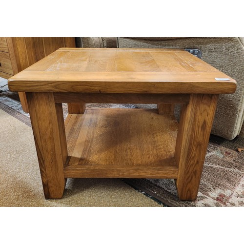 214 - OAK FURNITURE LAND LIGHT OAK COFFEE TABLE WITH UNDERSHELF - 61CM X 61CM X 45CMH