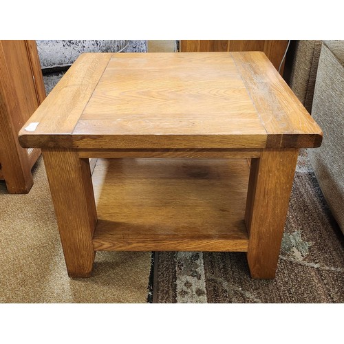 214 - OAK FURNITURE LAND LIGHT OAK COFFEE TABLE WITH UNDERSHELF - 61CM X 61CM X 45CMH