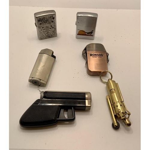 303 - 5 X LIGHTERS - INC. ZIPPO, INCO, RONSON, INCO IN THE FORM OF A MINIATURE GUN, ONE BRASS OTHER