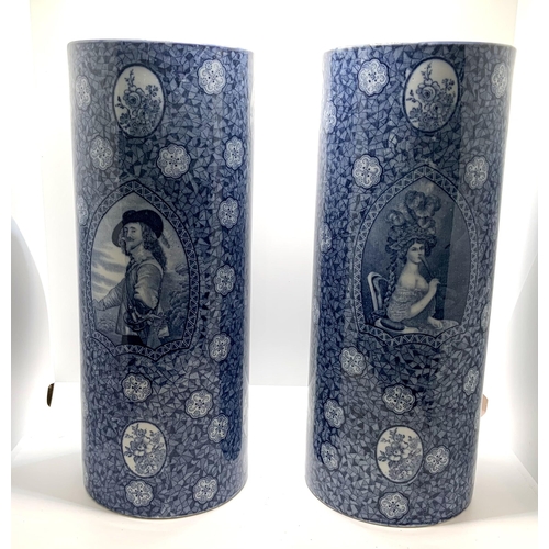 316 - A TALL PAIR OF HANCOCK AND SONS BLUE AND WHITE CERAMIC BRITANNIA WARE VASES DEPICTING CHARLES I AND ... 