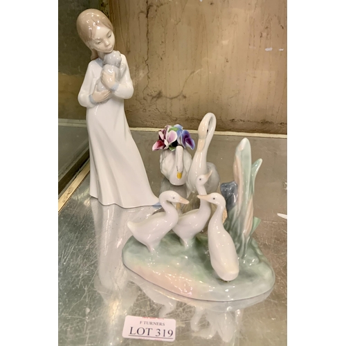 319 - A NAO FIGURINE OF A GIRL WITH PUPPY, A NAO FIGURE OF THREE GEESE, A NAO STYLE FIGURE OF A GOOSE AND ... 