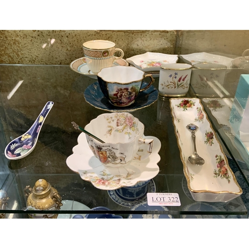 322 - A SMALL COLLECTION OF ANTIQUE PORCELAIN INC. A FOLEY QUEEN VICTORIA DIAMOND JUBILEE CUP AND SAUCER, ... 