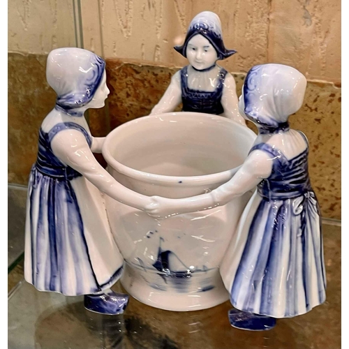 321 - A VINTAGE BLUE DELFT TULIP BOWL WITH THREE TRADITIONAL DUTCH GIRL FIGURES AND A DELFT COVERED DISH