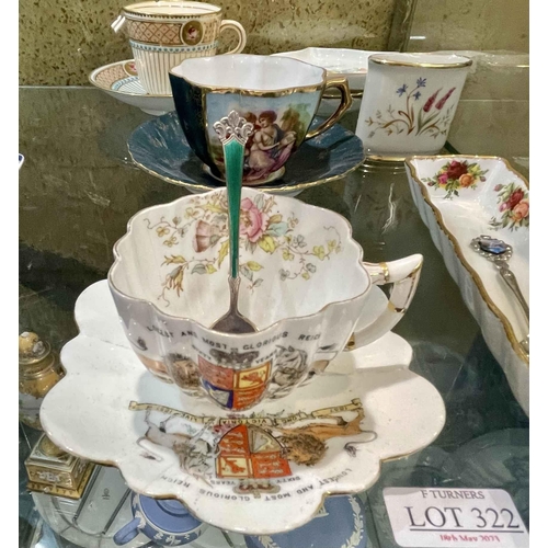 322 - A SMALL COLLECTION OF ANTIQUE PORCELAIN INC. A FOLEY QUEEN VICTORIA DIAMOND JUBILEE CUP AND SAUCER, ... 