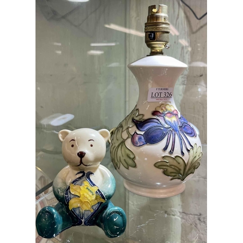 326 - A MODERN MORECROFT TABLE LAMP TOGETHER WITH  A DECOR DU GALLEON DECORATED TEDDY BEAR