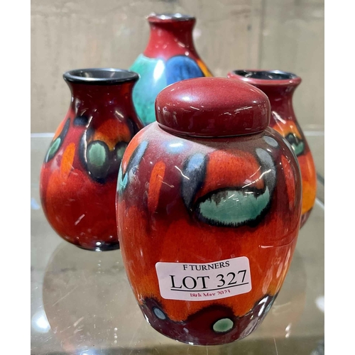 327 - 4 X POOLE POTTERY ORANGE/RED GROUND VASES