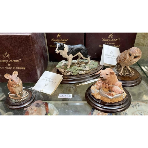 332 - 4 X COUNTRY ARTISTS ANIMAL FIGURES INC. PIG WITH PIGLETS, FIELDMOUSE, COLLIE DOG AND OWL - ALL BOXED... 