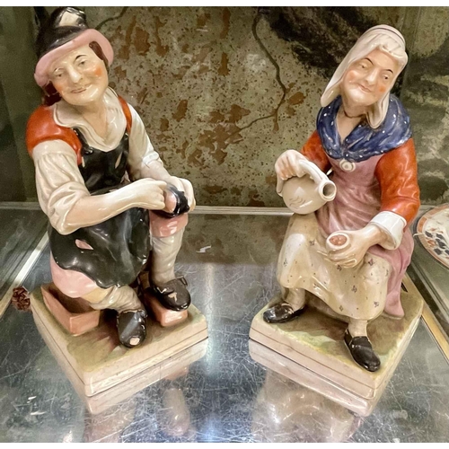 333 - LARGE PAIR OF STAFFORDSHIRE PEARLWARE FIGURINES - COBBLER AND LADY WITH JUG (REPAIR TO HEAD) C.1840 ... 