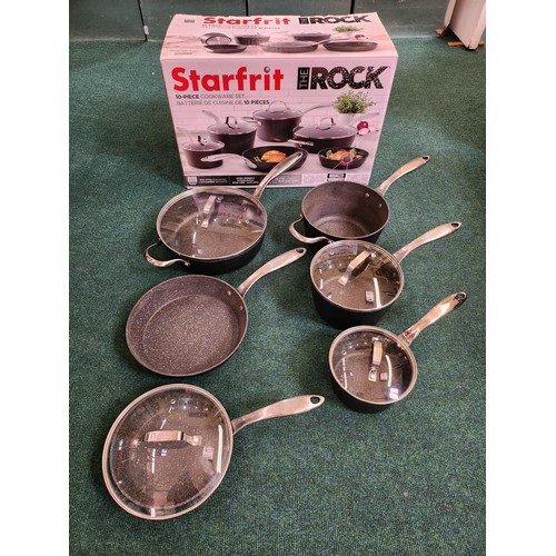 76 - BOXED STARFRIT THE ROCK 10 PIECE COOKWARE SET - 6 PANS/4 LIDS SLIGHT PREV USE