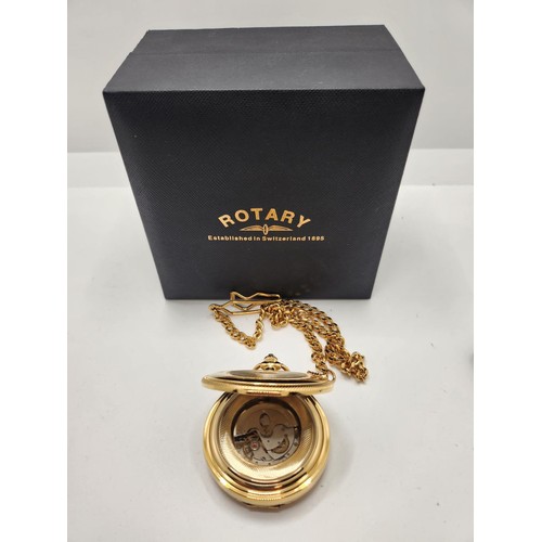 186 - BOXED ROTARY POCKET WATCH AND CHAIN - WOUND AND RAN