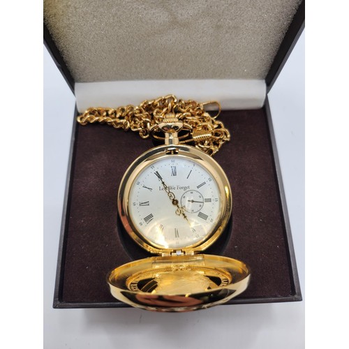 187 - SET OF 3 GOLD PLATE & ENAMEL BOXED POCKET WATCHES ALL ON CHAINS MARKED 'LEST WE FORGET'