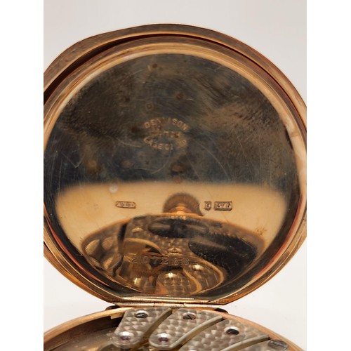 200 - 9CT GOLD HUNTER POCKET WATCH WITH A ROLEX LEVER WORKS IN A DENNISON CASE - WHITE UNNAMED ENAMEL DIAL... 