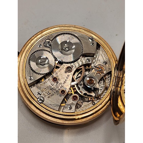 201 - 10CT GOLD PLATED CASED WALTHAM HUNTER POCKET WATCH, MARKED 17 JEWELS ROYAL A.W.M.CO TO MOVEMENT- WOU... 