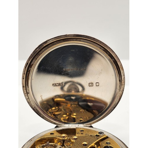 204 - SILVER HUNTER POCKET WATCH - MARKED J.W. BENSON LONDON TO FACE AND J.W. BENSON 15 JEWELS TO MOVMENT ... 