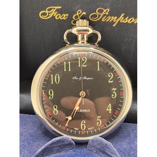 206 - BOXED HUNTER POCKET WATCH MARKED FOX AND SIMPSON BLACK DIAL WITH ARABIC NUMERALS TO INNER & OUTER DI... 