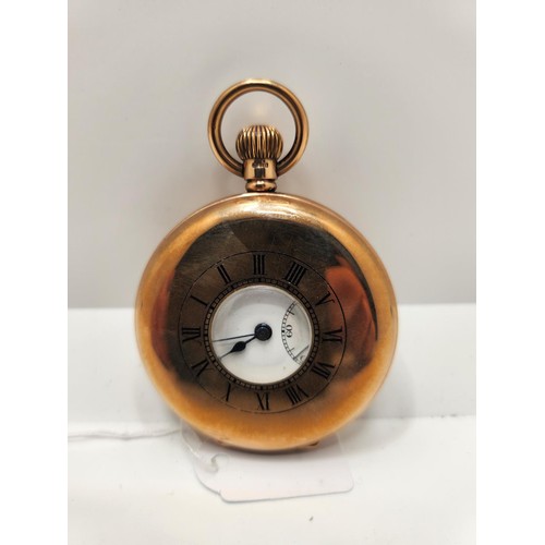 215 - 9CT GOLD HUNTER POCKET WATCH MARKED SWISS MADE 17 JEWELS TO WORKS WOUND AND RAN