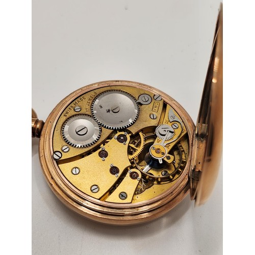 215 - 9CT GOLD HUNTER POCKET WATCH MARKED SWISS MADE 17 JEWELS TO WORKS WOUND AND RAN