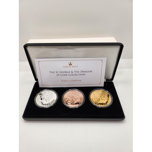 228 - BOXED THE ST GEORGE AND THE DRAGON £5 THREE COIN COLLECTION WITH COA