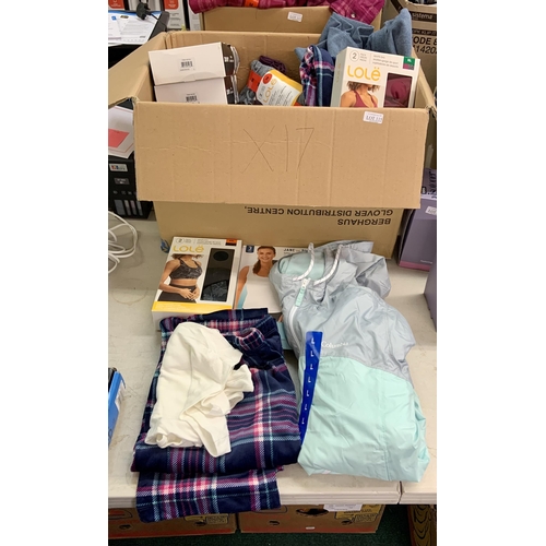 115 - BOX OF APPROX 18 ITEMS OF MIXED LADIES CLOTHING INC. DKNY, LOLE, COLUMBIA ETC - INC. BRAS, SLEEPWEAR... 