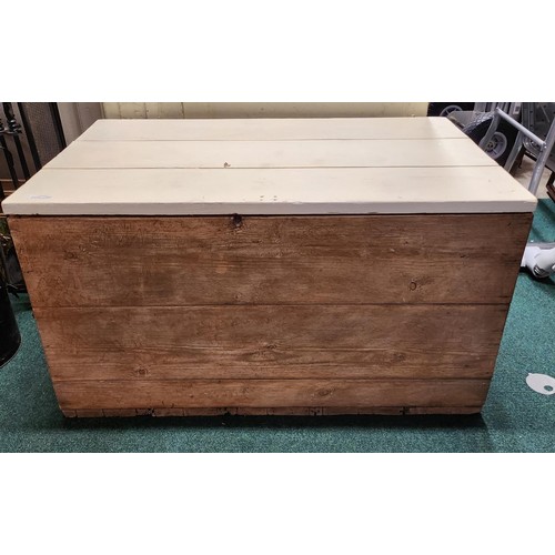 349 - PINE CHEST - WITH HINGED PAINTED LID, BLUE PAINTED INTERIOR AND ROPE HANDLES L:84XD:51XH:46CMS