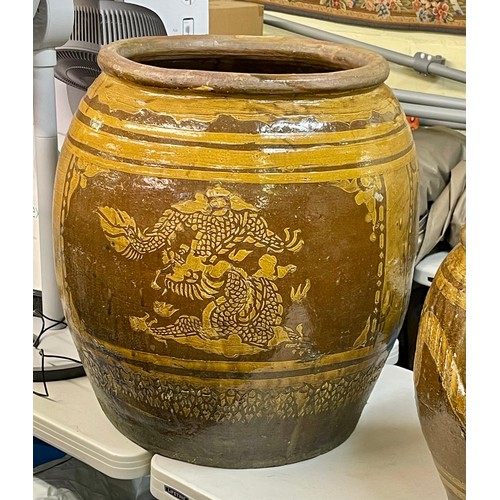 162 - VERY LARGE EARTHENWARE WATER POT WITH STRIKING YELLOW WARE DECORATION, INSPIRED BY VINTAGE DRAGON MO... 