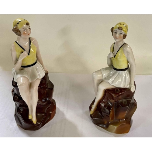 405 - PAIR OF ART DECO 'FLAPPER' PORCELAIN HAT PIN HOLDERS/FLOWER FROG - GERMANY C.1920, 13CMH