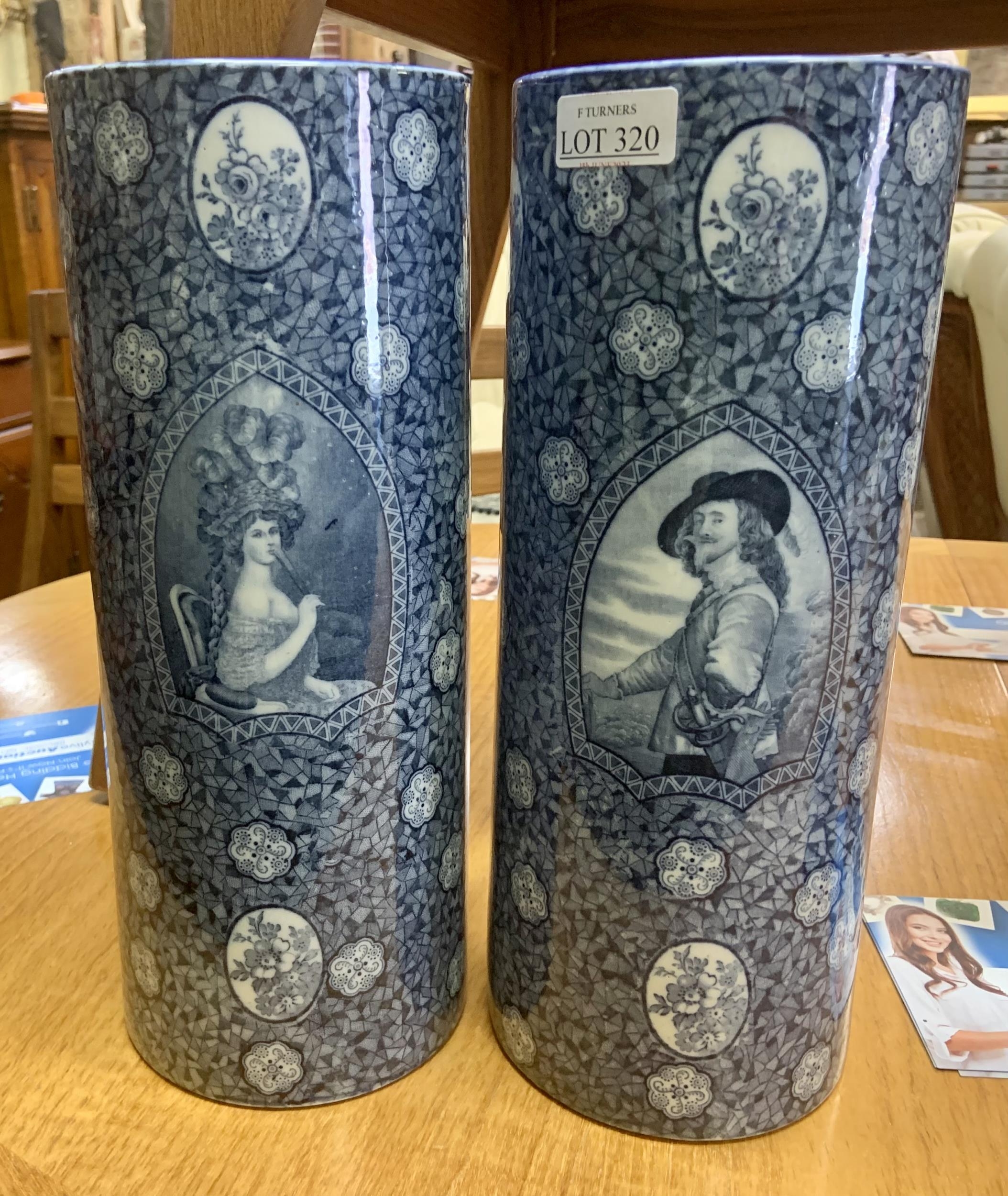 A TALL PAIR OF HANCOCK AND SONS BLUE AND WHITE CERAMIC BRITANNIA WARE