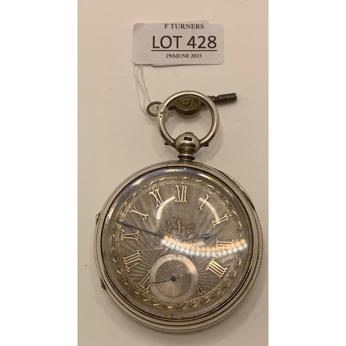 428 - VICTORIAN SILVER POCKET WATCH, SILVER MACHINE TURNED DIAL, GOLD NUMERALS H/M LONDON 1878 - MAKER W.H... 