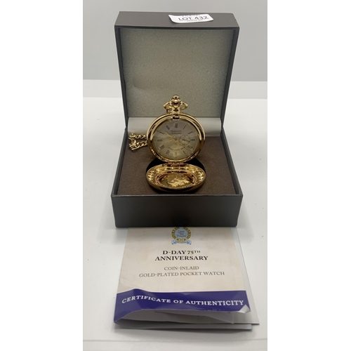 432 - D-DAY 75TH ANNIVERSARY COIN INLAID GOLD PLATED POCKET WATCH - OPERATION OVERLORD WITH C.O.A.