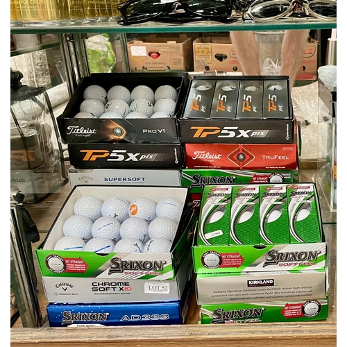 52 - 216 GOLF BALLS - INCL TITLEIST 4 BOXES = 48 BALLS, BRIDGESTONE 1 BOX  = 12 BALLS, SRIXON 5 BOXES = 6... 