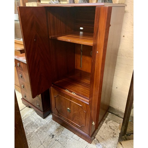 217 - FLAME MAHOGANY MEDIA CABINET WITH DROP LEAF CUPBOARD TO BASE 125CM HIGH 55CM WIDE 50CM DEEP