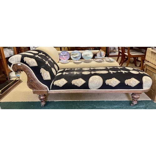 211 - MAHOGANY DAYBED ON TURNED LEGS - SCROLL BACK UPHOLSTERED IN LATER BLACK & CREAM