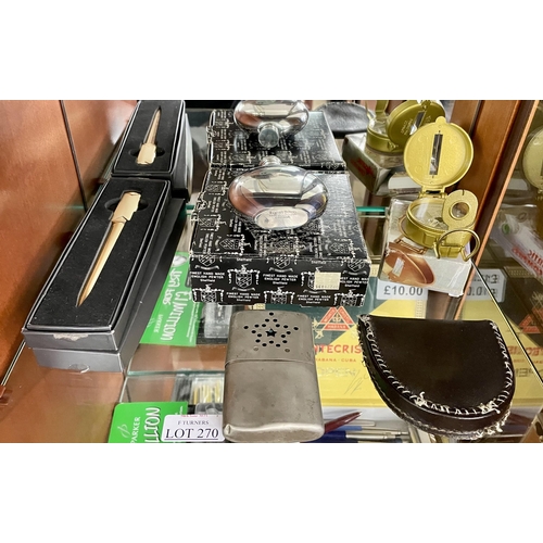 270 - SHELF OF VARIOUS ITEMS INC. BOXED LETTER OPENER, PEWTER FLASK, BOXED LENSATIC COMPASS AND A VINTAGE ... 