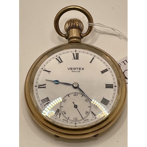 335 - VERTEX REVUE GOLD PLATED KEYLESS FOB WATCH - WHITE ENAMEL DIAL WITH ROMEAN NUMERALS, SECONDARY DAIL ... 