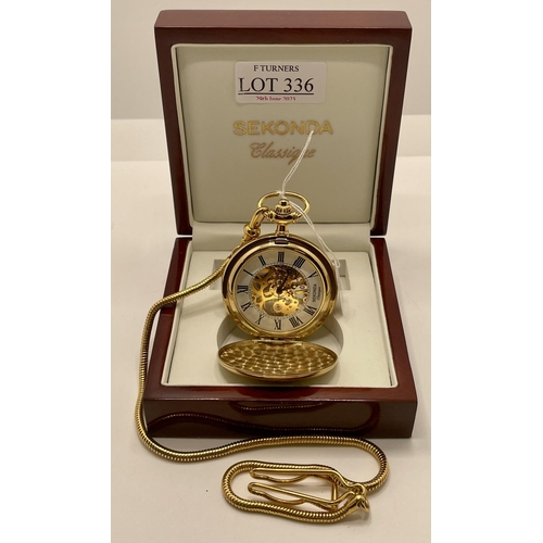 336 - SEKONDA CLASSIQUE KEYLESS SKELETON FOB WATCH IN YELLOW METAL WITH BOX AND CHAIN, WHITE OUTER DIAL WI... 