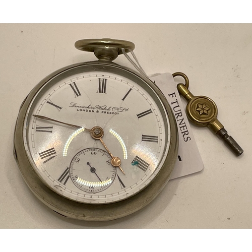 345 - VINTAGE WHITE METAL POCKET WATCH MARKED LANCASHIRE WATCH CO. LTD. LONDON AND PRESCOT, WHITE ENAMEL D... 