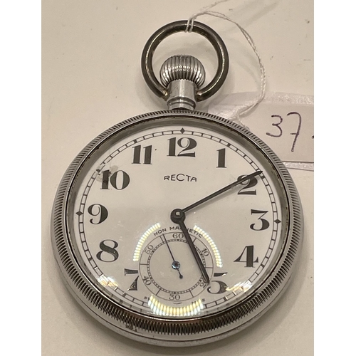 347 - A CHROME RECTA NON MAGNETIC KEYLESS RAILWAY POCKET WATCH, ARABIC NUMERALS, SECONDARY DIAL AT 6, SCRE... 