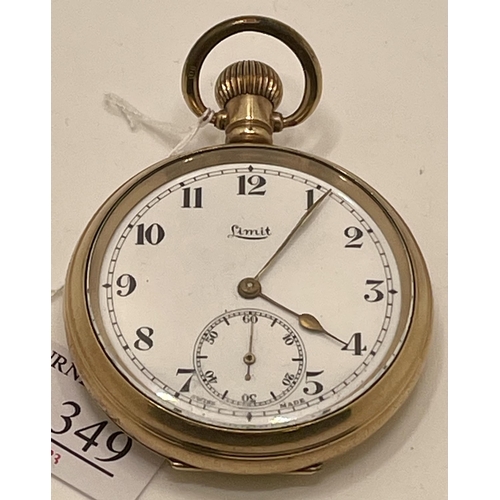 349 - VINTAGE YELLOW METAL LIMIT POCKET WATCH, WHITE DIAL WITH ROMAN NUMERALS, SECONDARY DIAL AT 6, MOVEME... 