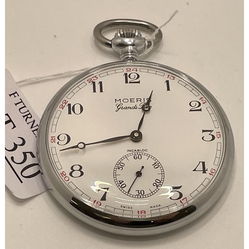 350 - A CHROME MOERIS GRAND PRIX INCABLOC KEYLESS POCKET WATCH, WHITE DIAL WITH ARABIC NUMERALS IN RED AND... 