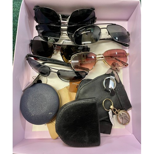 389 - COLLECTION OF SUNGLASSES, KEY RINGS AND VARIOUS POUCHES