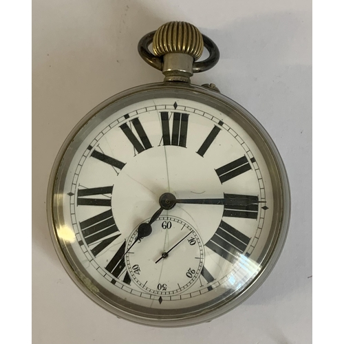 317 - A LARGE WHITE METAL KEYLESS POCKET WATCH WITH HEAVY ROMAN NUMERALS - SUBSIDIARY SECOND DIAL AT 6 O'C... 