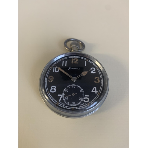 318 - A BRAVINGTONS HELVETIA MILITARY POCKETWATCH - BLACK DIAL WITH ARABIC NUMERALS - SECONDARY DIAL AT 6 ... 